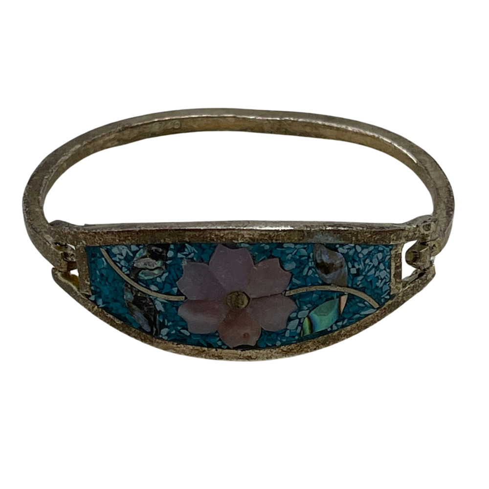 Taxco Turquoise Mosaic Flower Silver Bracelet 5” inner circumference